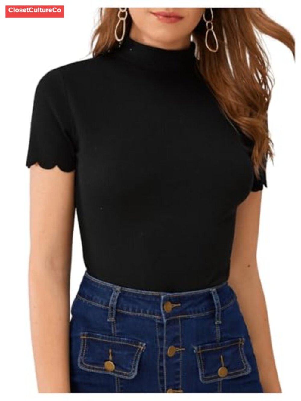 Mock Neck Ribbed Knit Scallop Short Sleeve T Shirt Top